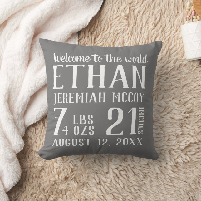 Grey Baby Boy Nursery Birth Stats Pillow (Blanket)