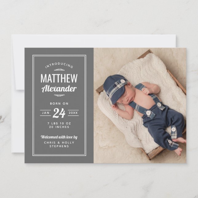 Grey Baby Boy Photo Birth Announcement (Front)