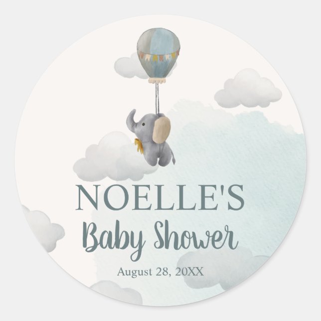 Grey Baby Elephant, Hot Air Balloon in Clouds Classic Round Sticker (Front)