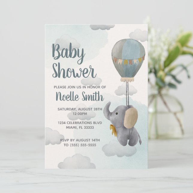 Grey Baby Elephant, Hot Air Balloon in Clouds Invitation (Standing Front)