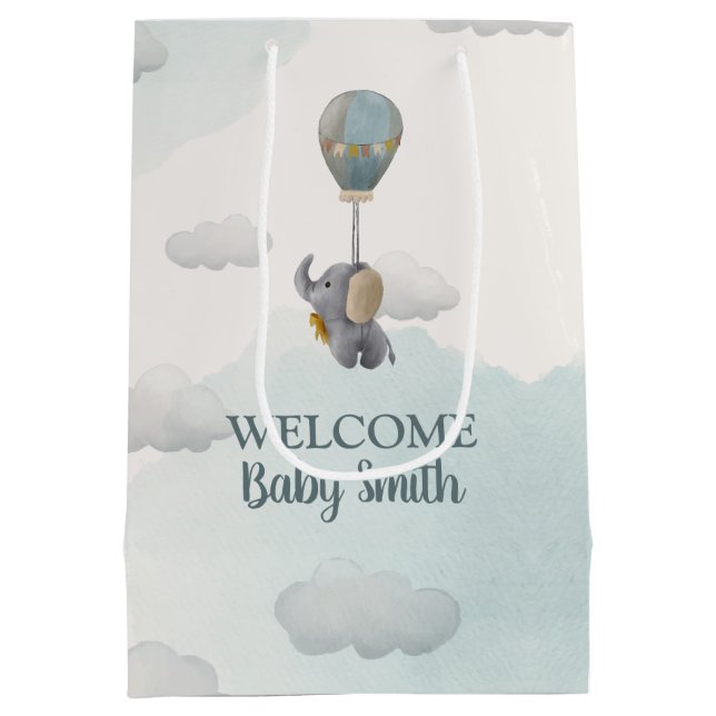 Grey Baby Elephant, Hot Air Balloon in Clouds Medium Gift Bag (Back)