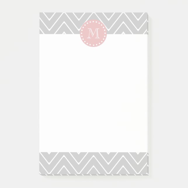 Grey Baby Pink Modern Chevron Custom Monogram Post-it Notes (Front)