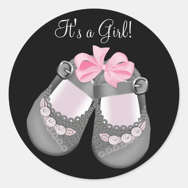 Grey Baby Shoes Pink Black Baby Shower Stickers (Front)