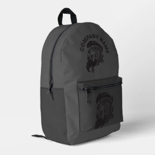 Grey background, black barber logo custom text printed backpack