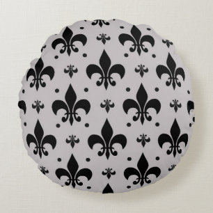 Grey Background Fleur-de-lis Pattern Design Round Cushion