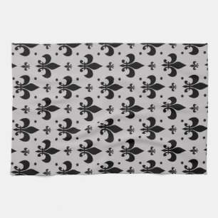 Grey Background Fleur-de-lis Pattern Design Tea Towel