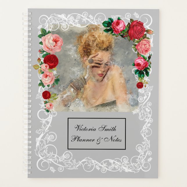 Grey background Girl Fashion Modern Elegant Planner (Front)