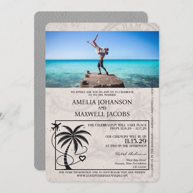 Grey Bahamas Passport Wedding Invitation (Front/Back)