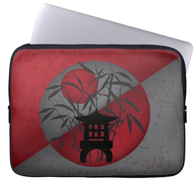 Grey bamboo red moon mini pagoda laptop sleeve (Front)