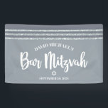 Grey Bar Mitzvah Modern Silver Tallit Bold Script  Banner<br><div class="desc">Be proud, rejoice and showcase this milestone of your favourite Bar Mitzvah! Hang up this cool, unique, modern, personalised banner to add to his special day. Bold, white script typography, Star of David, and a soft grey and silver glitter striped tallit inspired graphic overlay a simple, lighter soft grey background....</div>