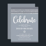 Grey Bar Mitzvah Silver Tallit Bold Modern Simple Enclosure Card<br><div class="desc">Be proud, rejoice and showcase this milestone of your favourite Bar Mitzvah! Include this cool, unique, modern, personalised insert for additional information to your event. Bold, white script typography, Star of David and a soft grey and silver glitter striped tallit inspired graphic overlay a simple, lighter soft grey background. Personalise...</div>