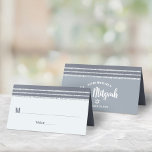 Grey Bar Mitzvah Silver Tallit Bold Script Modern Place Card<br><div class="desc">No Bar Mitzvah party is complete without personalised place cards. Let your favourite Bar Mitzvah be proud, rejoice and celebrate his milestone at his perfectly coordinated party. Bold, dark grey typography and a dark grey and faux silver glitter striped tallit inspired graphic overlay a simple, soft, light grey background. On...</div>