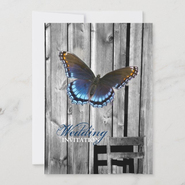 Grey Barn Wood BLue Butterfly Wedding Invitation (Front)