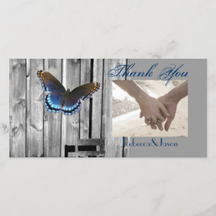 Grey Barn Wood BLue Butterfly Wedding Thank You Card