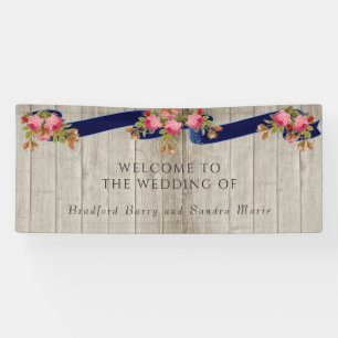 Grey Barn Wood Navy Blue Pink Rose Rustic Wedding Banner