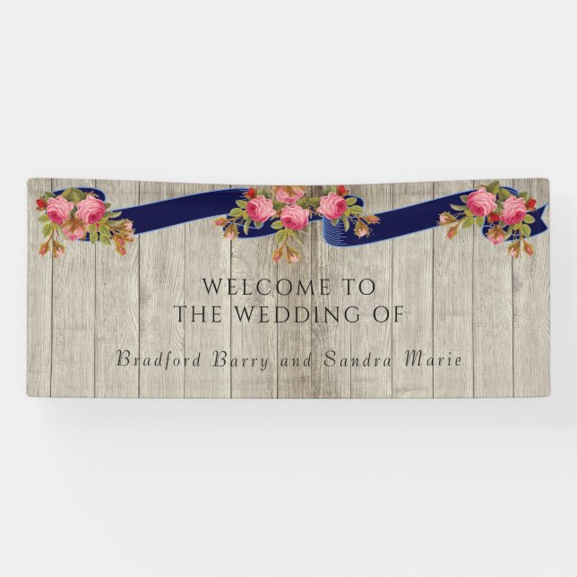 Grey Barn Wood Navy Blue Pink Rose Rustic Wedding  Banner (Horizontal)