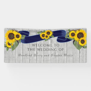 Grey Barn Wood Navy Blue Sunflower Rustic Wedding Banner