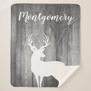 Grey Barn Wood Planks & Deer Family Name in Script Sherpa Blanket