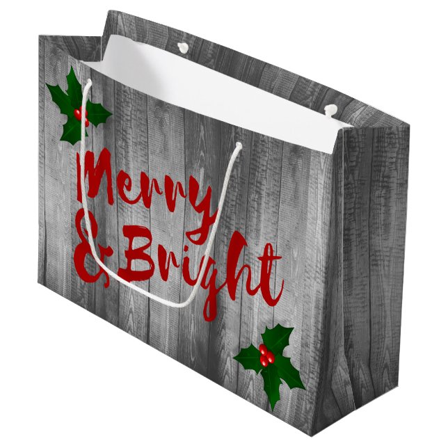 Grey Barn Wood Planks Merry & Bright Christmas Large Gift Bag (Front Angled)