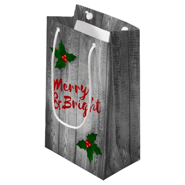 Grey Barn Wood Planks Merry & Bright Christmas Small Gift Bag (Front Angled)