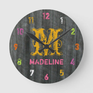 Grey Barnwood Inspired Colourful Personalised Round Clock