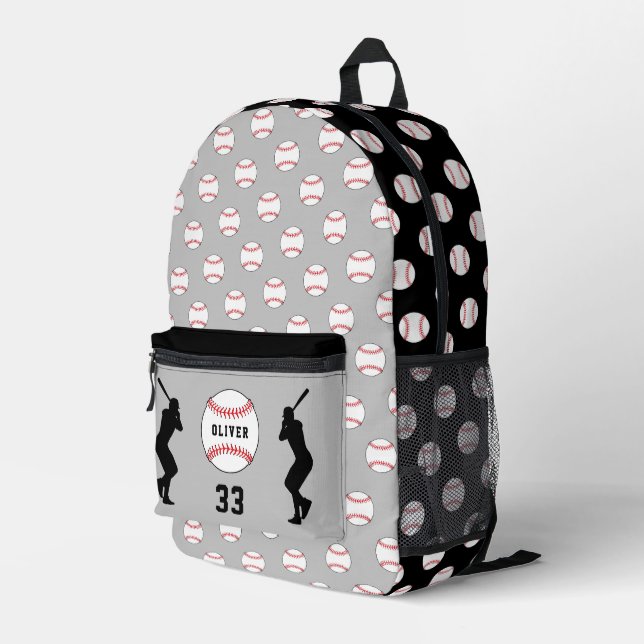 Grey Baseball Ball Player Silhouette Name Number Printed Backpack (Back Corner Right)