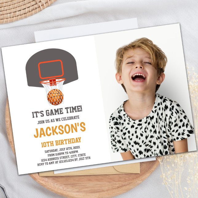 Grey Basket Basketball Invitations with photo (Gray Basket Basketball Invitations with photo)