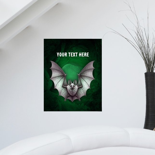 Grey Bat Wings Spread Spooky Green Cave Black Poster (Eerie flying grey bat glowing green black caves with trees on artwork poster.)