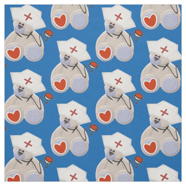Grey Bear Nurse With Stethoscope Heart and Hat Fabric (Swatch)