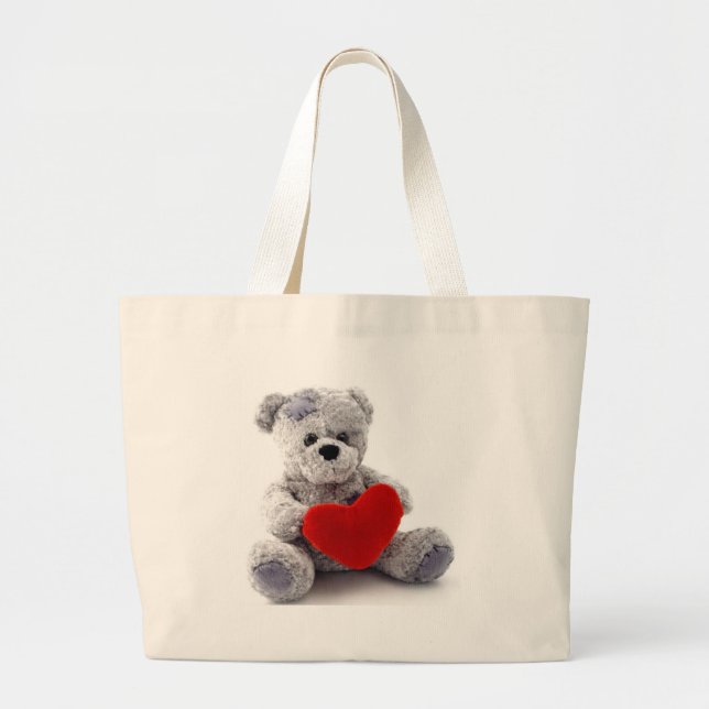 Grey Bear With Heart Large Tote Bag (Front)
