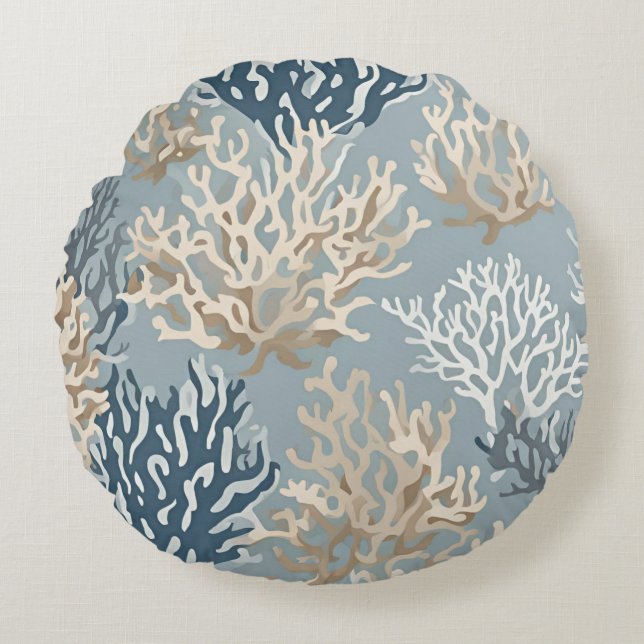Grey Beige Blue Nautical Beachy Coral Reef Round Cushion (Front)