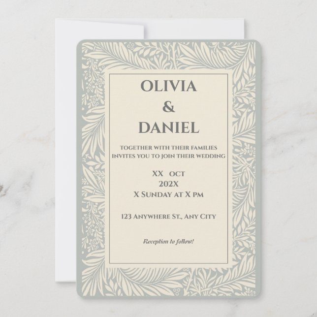 Grey Beige Floral Illustration Wedding Invitation (Front)
