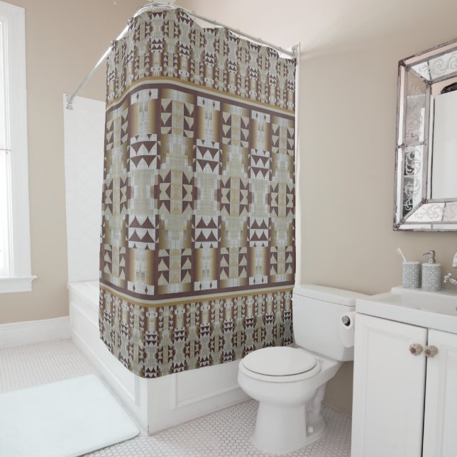 Grey Beige Khaki Taupe Brown Tribal Art Shower Curtain (In Situ)