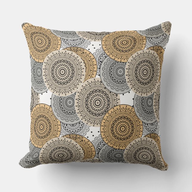 Grey beige pattern arabic mandala oriental style cushion (Front)