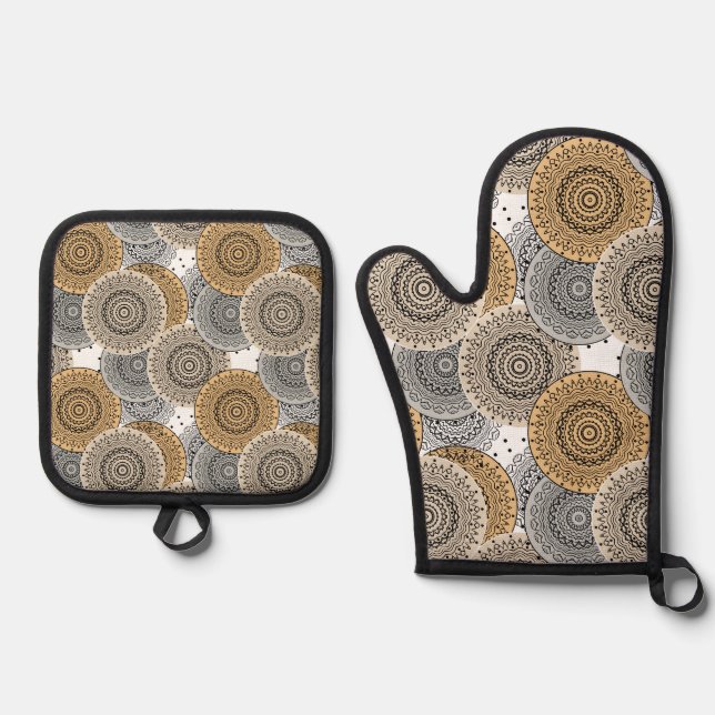 Grey beige pattern arabic mandala oriental style oven mitt & pot holder set (Front)