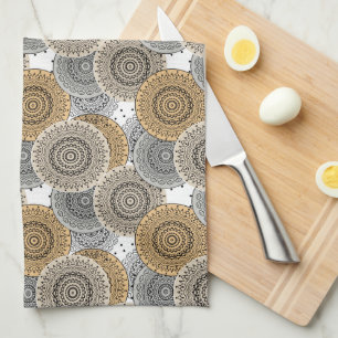 Grey beige pattern arabic mandala oriental style tea towel