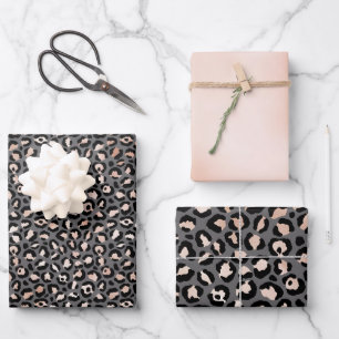 Grey Beige Peach Rose Leopard Print Wrapping Paper