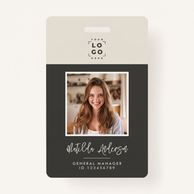 Grey beige QR code modern minimal photo abstract ID Badge (Front)