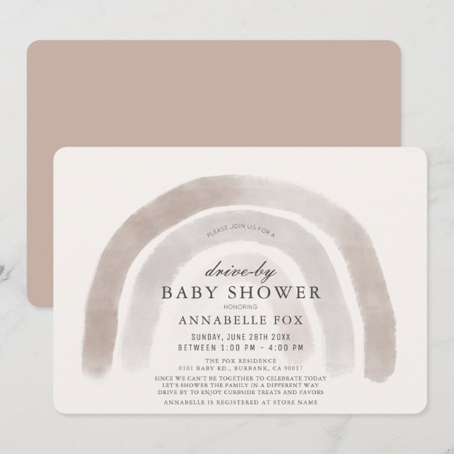 Grey Beige Rainbow Watercolor Drive-by Baby Shower Invitation (Front/Back)