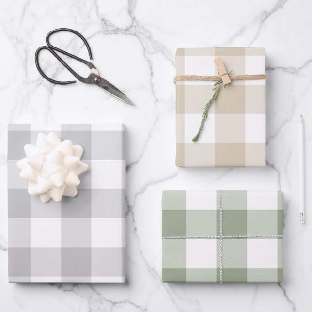 Grey Beige Sage Green Gingham Check Plaid Wrapping Paper Sheet (Front)