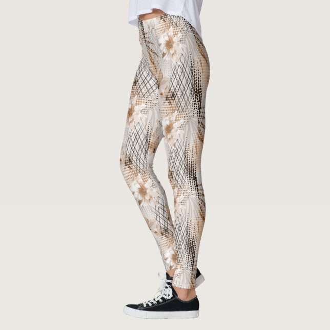Grey, beige tropical pattern. leggings (Left)