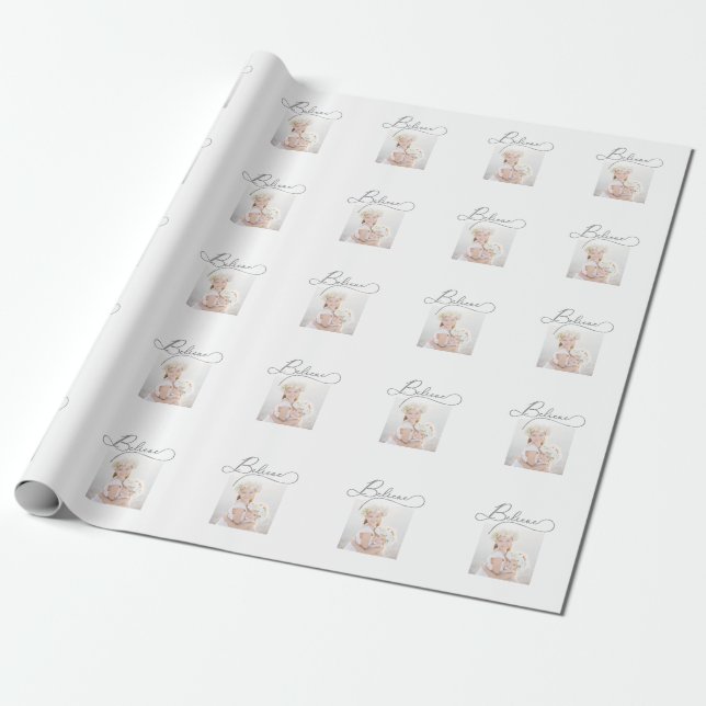 Grey Believe Script with Photo Christmas Wrapping Paper (Unrolled)