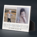 Grey BEST MOM EVER collage 2 Photo Blue Hearts  Plaque<br><div class="desc">Create a the perfect sweet keepsake for newly  mum for Christmas or  Mother's day with this amazing design using two (2) of your favourite photos and  custom message. "Best mum Ever" appears along the bottom in delicate grey  lettering with little blue hearts. Perfect for mother of boys!</div>