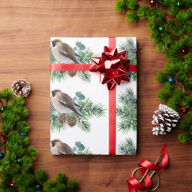 Grey Bird On Pine Cone Branch Wrapping Paper (Holiday Gift)
