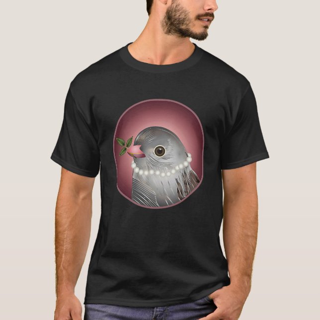 Grey bird with pearl necklace and branch in beak T-Shirt (Front)