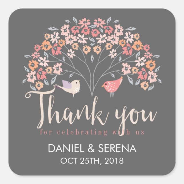 Grey Birds Floral Script Thank You Wedding Sticker (Front)