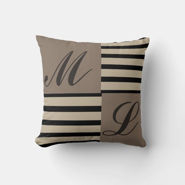 Grey Black and Beige stripes Monogram Cushion (Front)
