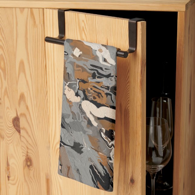 Grey, Black and  Caramel Abstract Tea Towel (Thirds Fold)