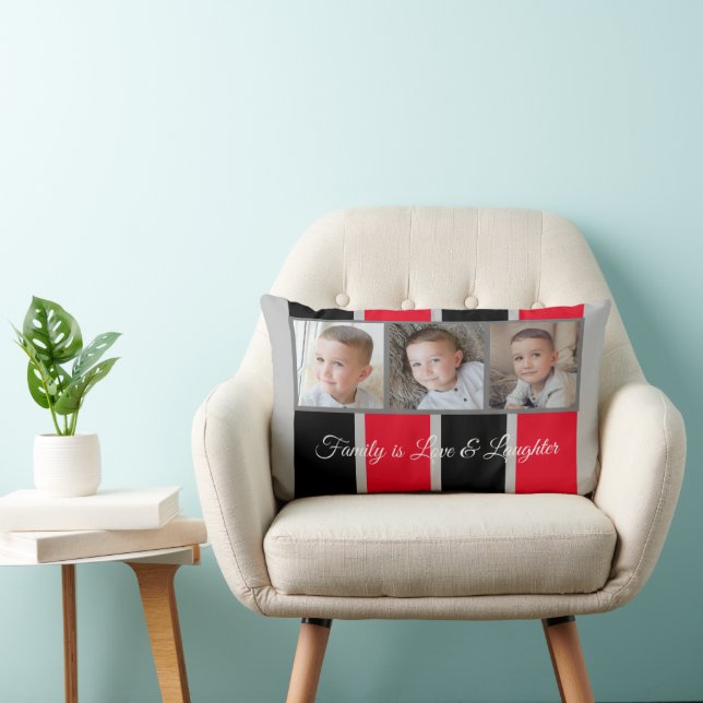 Grey black and red photo collage family striped lumbar cushion (Chair)