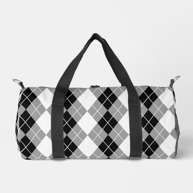 Grey Black and White Argyle Diamond Design  Duffle Bag (Front)